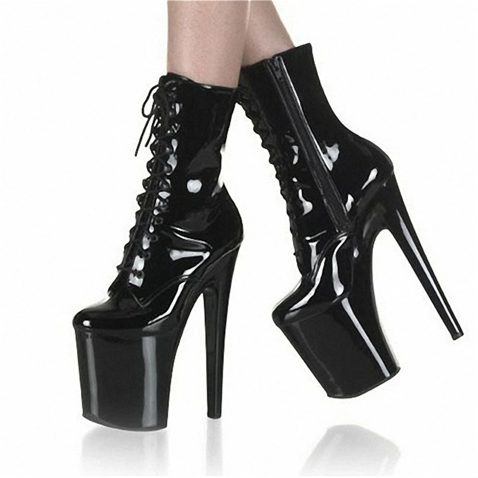 20CM Professional Pole Dance Boots Anti-Slip Patent Leather | Ankle Shoes with Lace-Up & Side Zipper | Party platform heels |