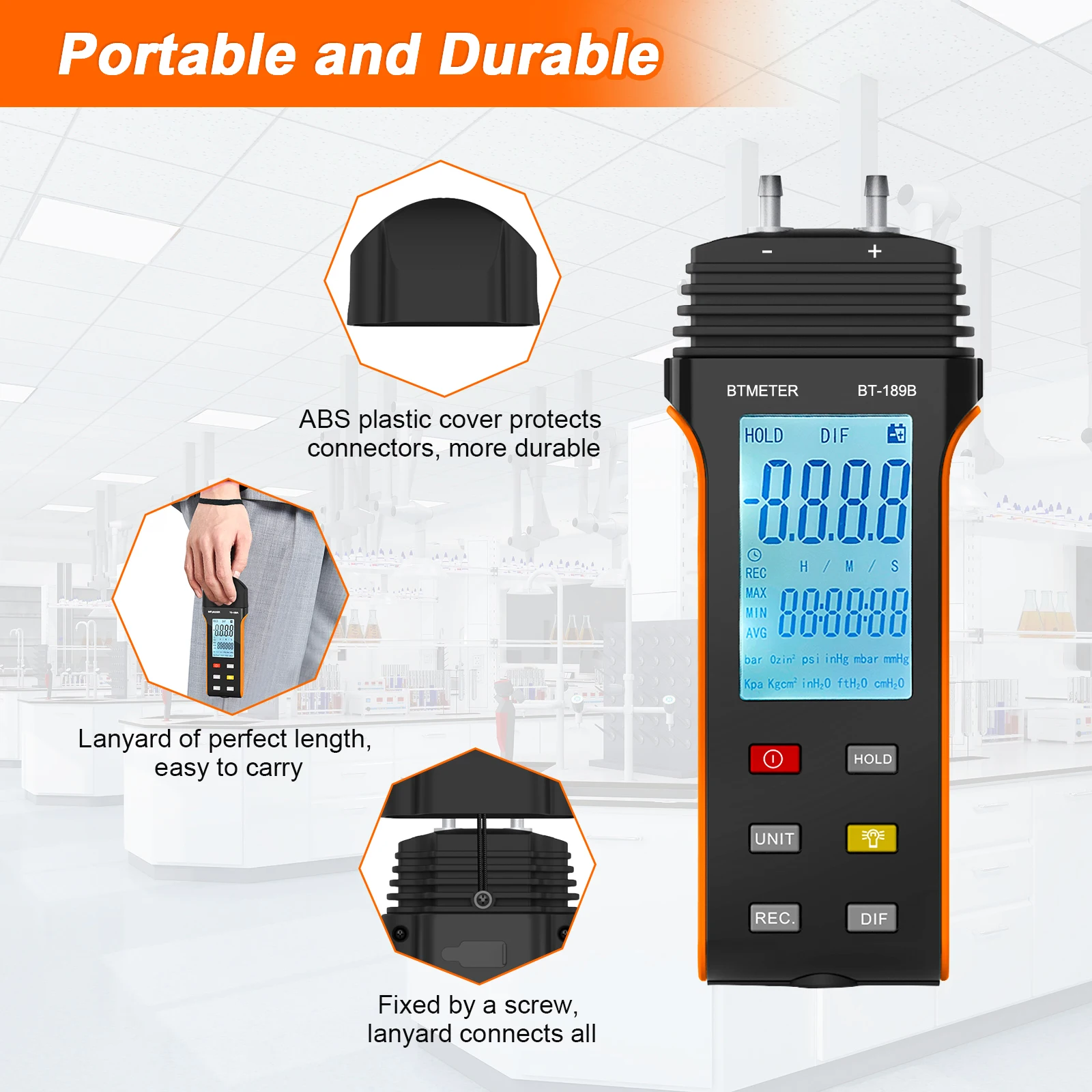 Portable Digital Differential Pressure Gauge, BT-189B Dual Port Air Pressure Detection, For HVAC & Gas Pressure Systems Test - Image 2