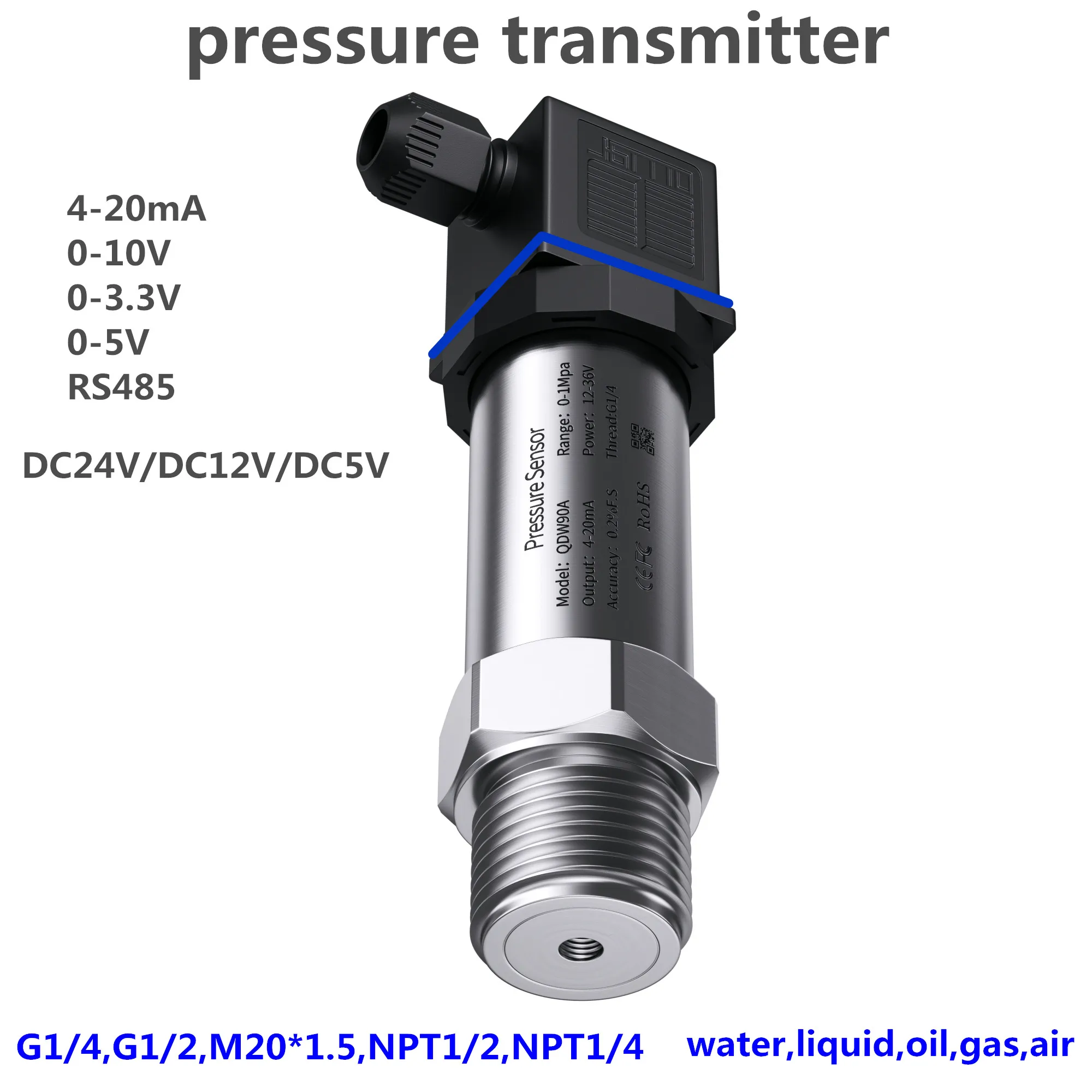 1bar 10bar 2.5Mpa 20kpa Pressure Sensor Transmitter Water Gas Oil Liquid 4-20mA 0-3.3V RS485 Output Pressure