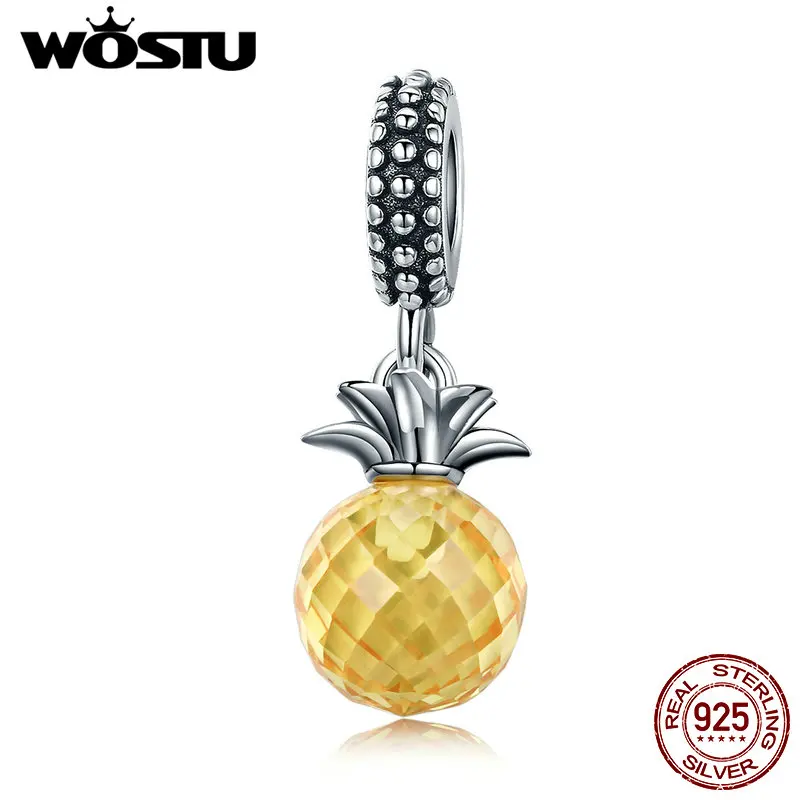 WOSTU 925 Sterling Silver Yellow Crystal Charms Pineapple Pendant Retro Bead Fit Original Bracelet Necklace Women Jewelry Making