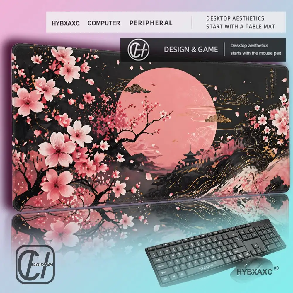 HYBXAXC Japanese Sakura Mouse Pad, Pink Moon Desk Mat, Cherry Blossom Gaming Mousepad, Japan Aesthetic Keyboard Mat