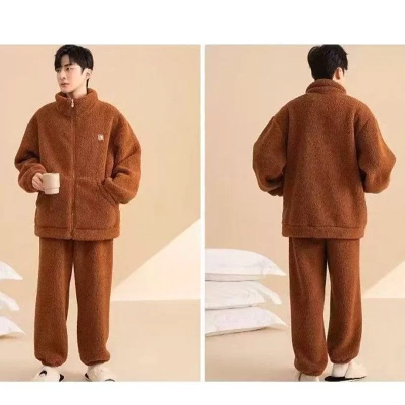 الشتاء الرجال منامة المرجان الصوف مريحة عارضة داخلي المنزل ارتداء سميكة سستة الحرارية سترة منامة 2 قطعة مجموعات