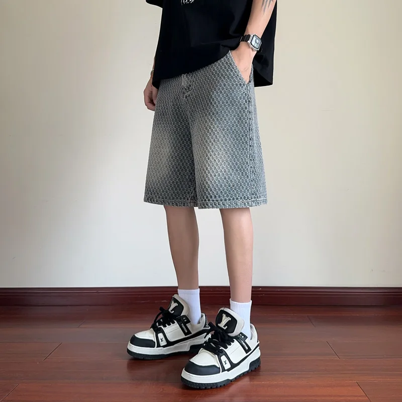 Summer 2026 New Men Denim Shorts Honeycomb Pattern Jacquard Versatile Straight Fit Five-point Fashion Short Jeans For Guys