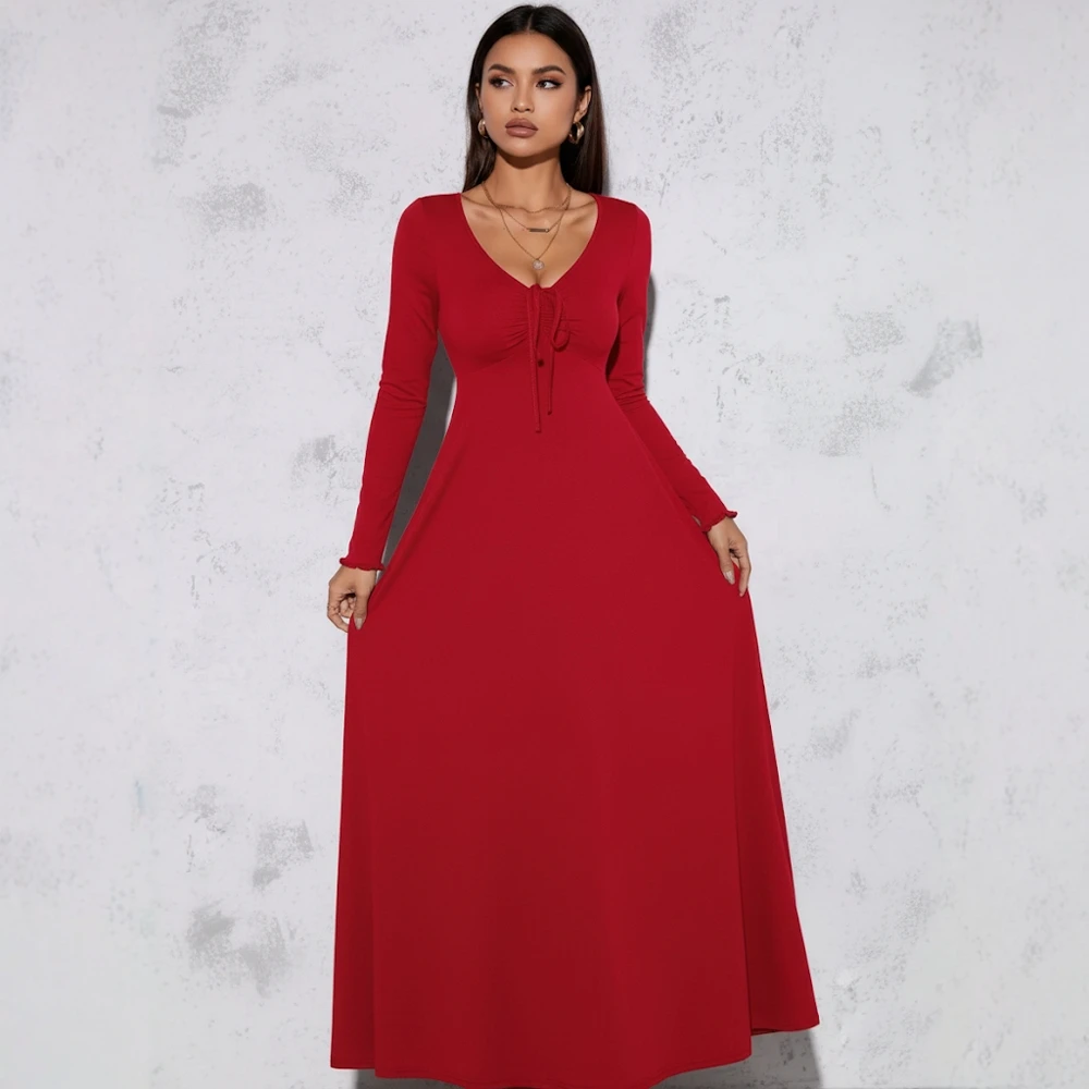 Lässiges mittellanges A-Linien-Kleid, eng anliegend, V-Ausschnitt, gerade Ärmel, Herbst- und Winterkleidung, Damenmode-Stil