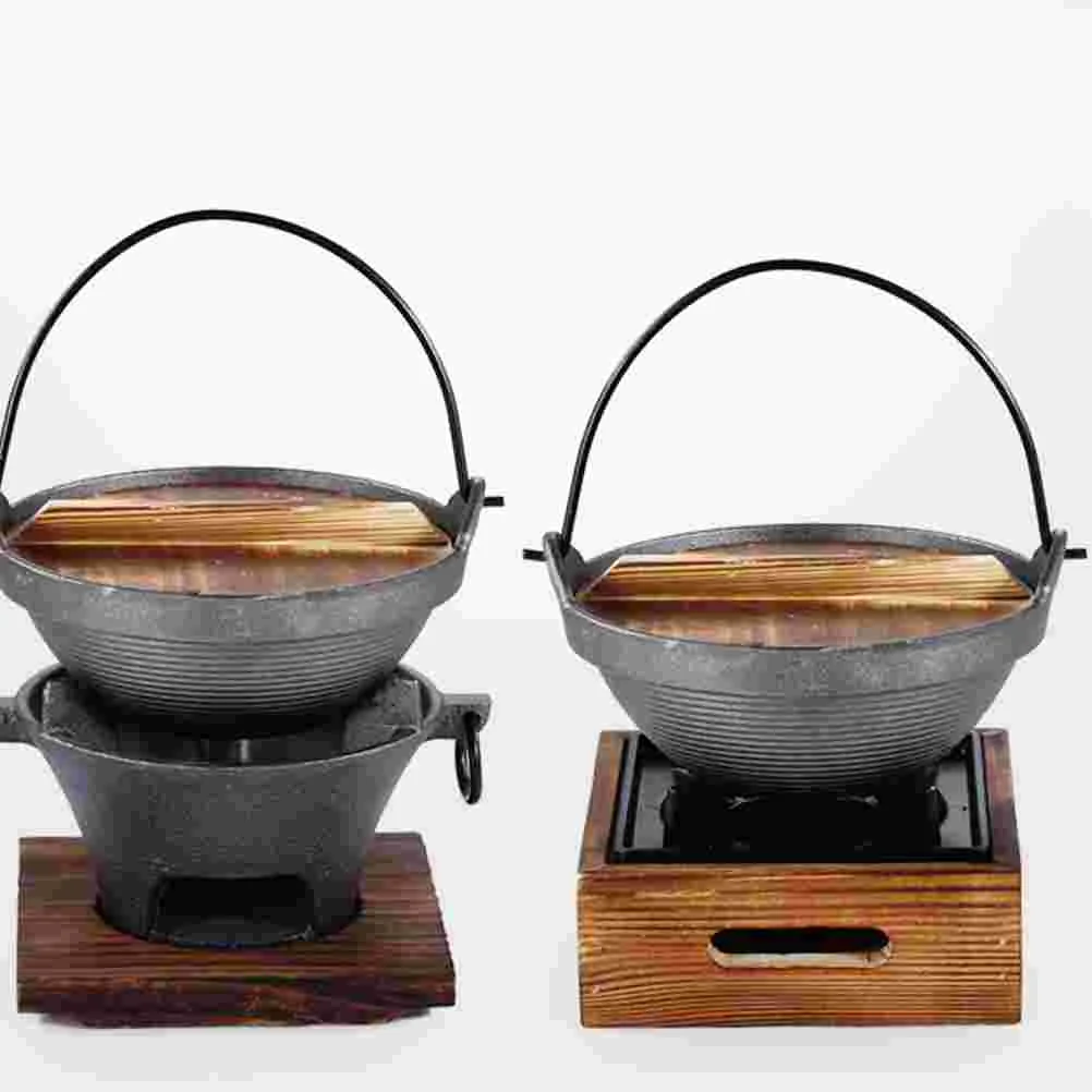 Sukiyaki Cookware High Temperature Pot Cooking Boiler Camping Wooden Durable Soup Iron