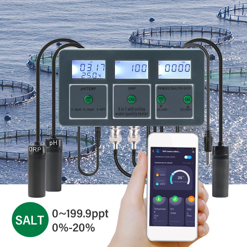 Tuya WiFi 8 In 1 Water Quality Tester S.G/PH/EC/ORP/TDS/CF/SALT/TEMP Measuring Analyzer DIY Water Quality Detector Water Monitor