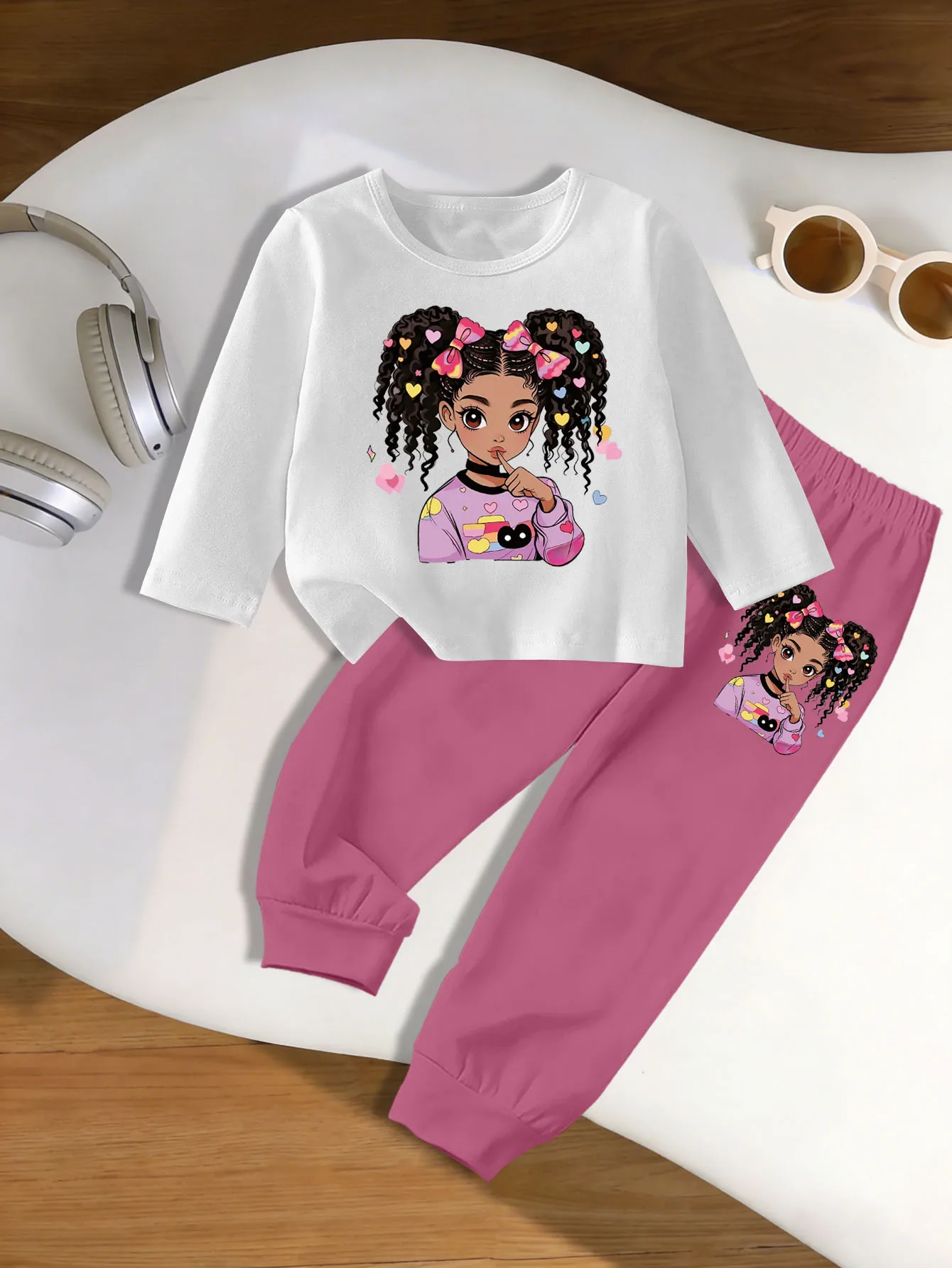 

2 предмета: осенняя рубашка с круглым вырезом и брюки для бега для девочек с мультяшным принтом Sassy Girl