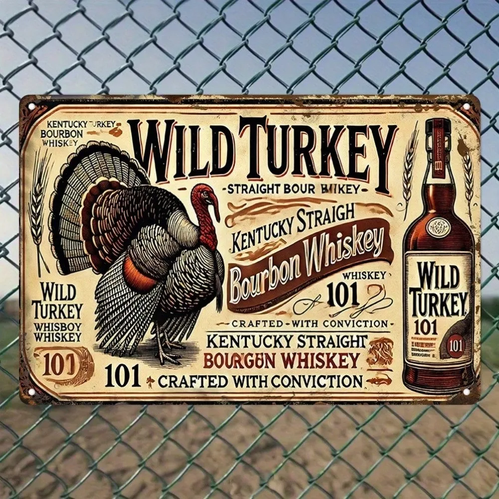 

Vintage Wild Turkey 101 Bourbon Tin Sign - Retro Art Deco Style Metal Wall Decor for Home Bar, Man Cave & Valentine's Day Gifts