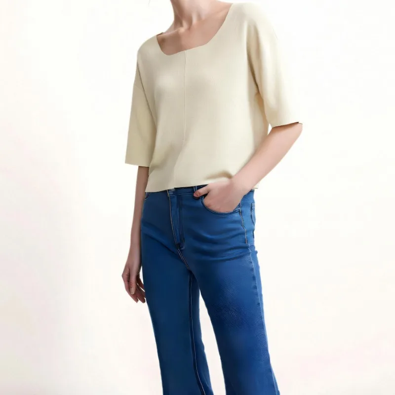 

Summer Linen Premium Feeling Mid Sleeve Knit Blouse Top Women