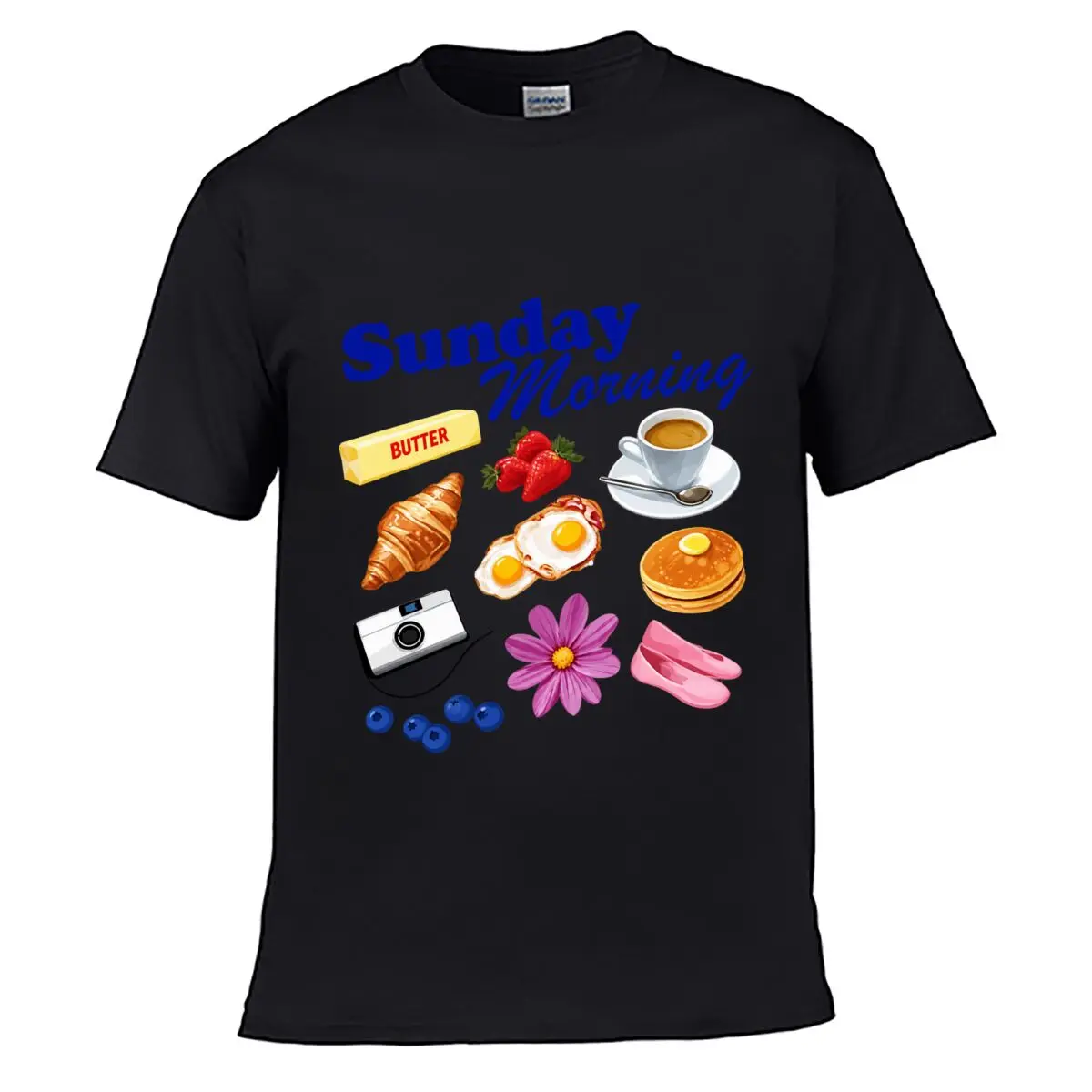 Sunday Morning Butter Coffee Breakfast Strawberry Croissant Eggs Pancakes Camera Flower Blueberry Loose Casual Tee