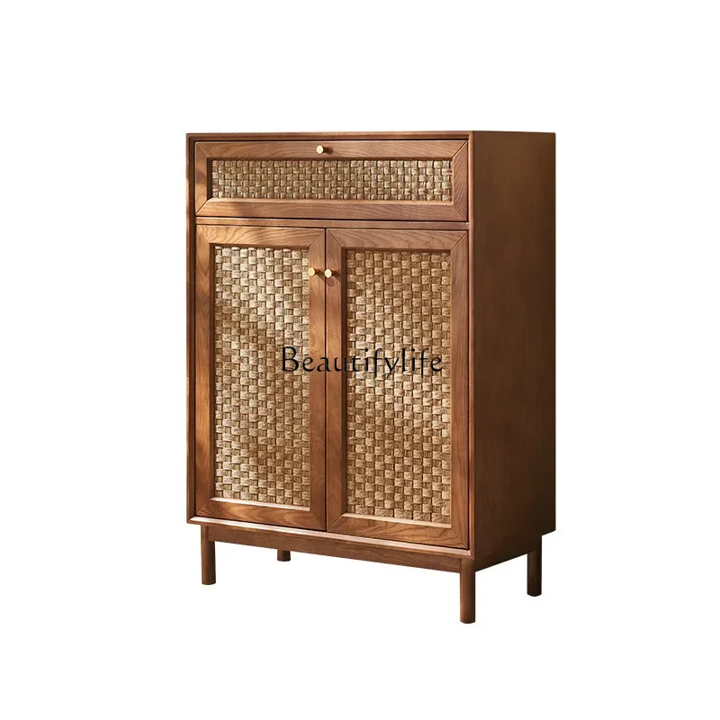 

Nordic solid wood storage shoe cabinet Japanese simple modern rattan storage cabinet