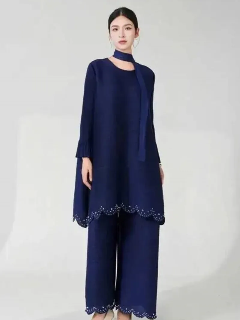 

Design Pleated Beading Women's Two Piece Set Elegant Loose Tie Long Top Elastic Waist Wide Leg Pants Chic New 25WXP