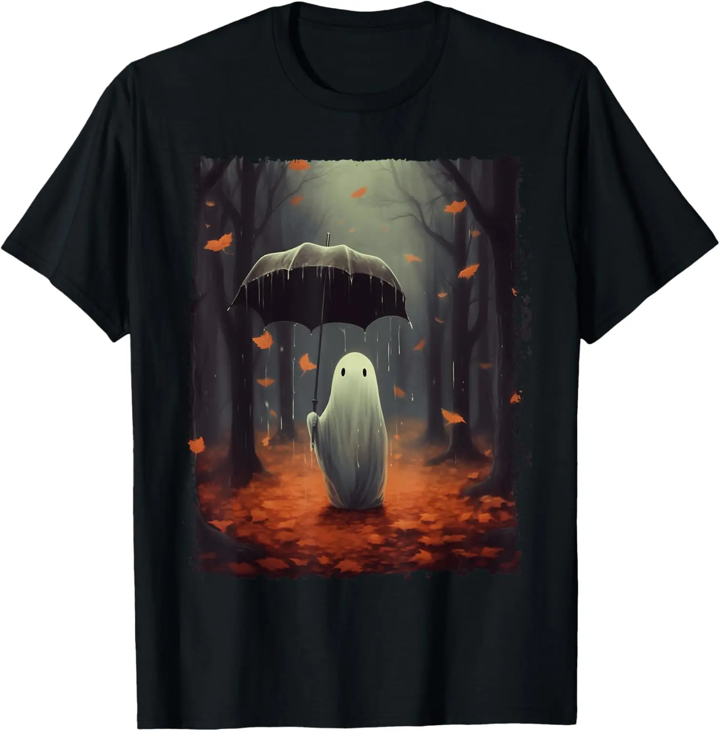 Gothic Halloween Ghost Holding Umbrella In The Rain Forest T-Shirt