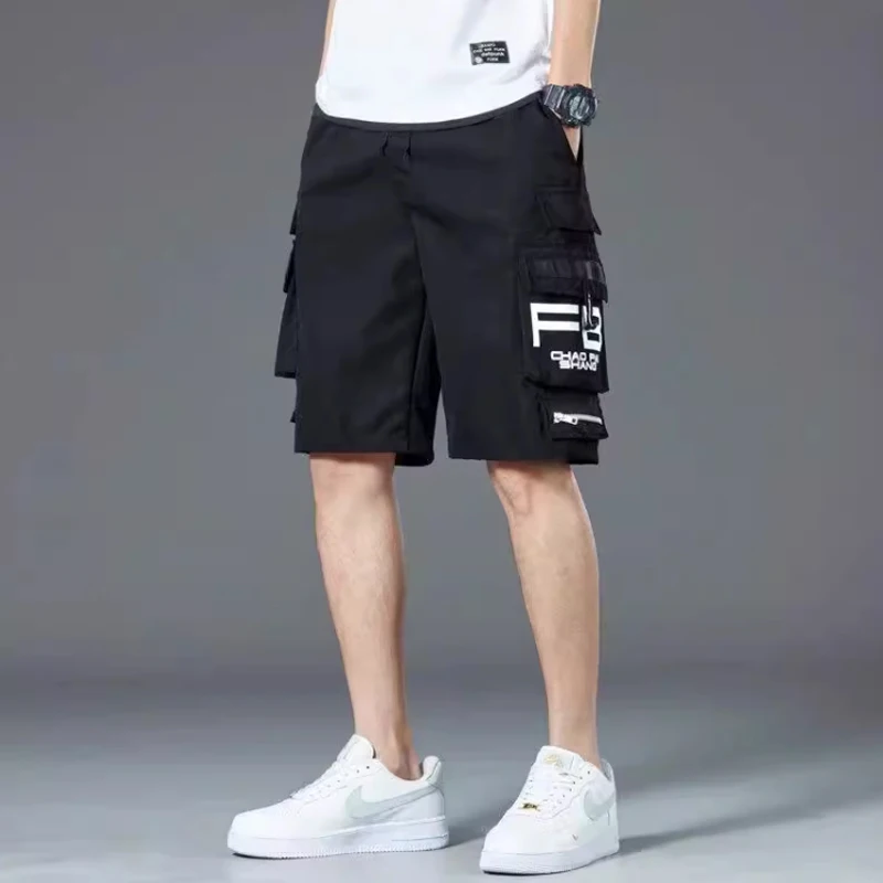 Black cargo shorts men\'s summer thin style high street brand loose large size pants