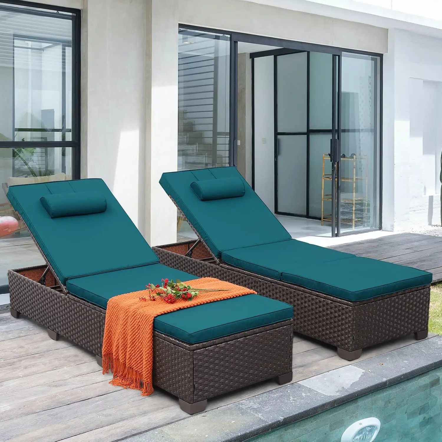 Rattan Outdoor Chaise Lounge 2pcs Brown Wicker Patio Pool Chair Adjustable Backrest Blue Cushion, Customized