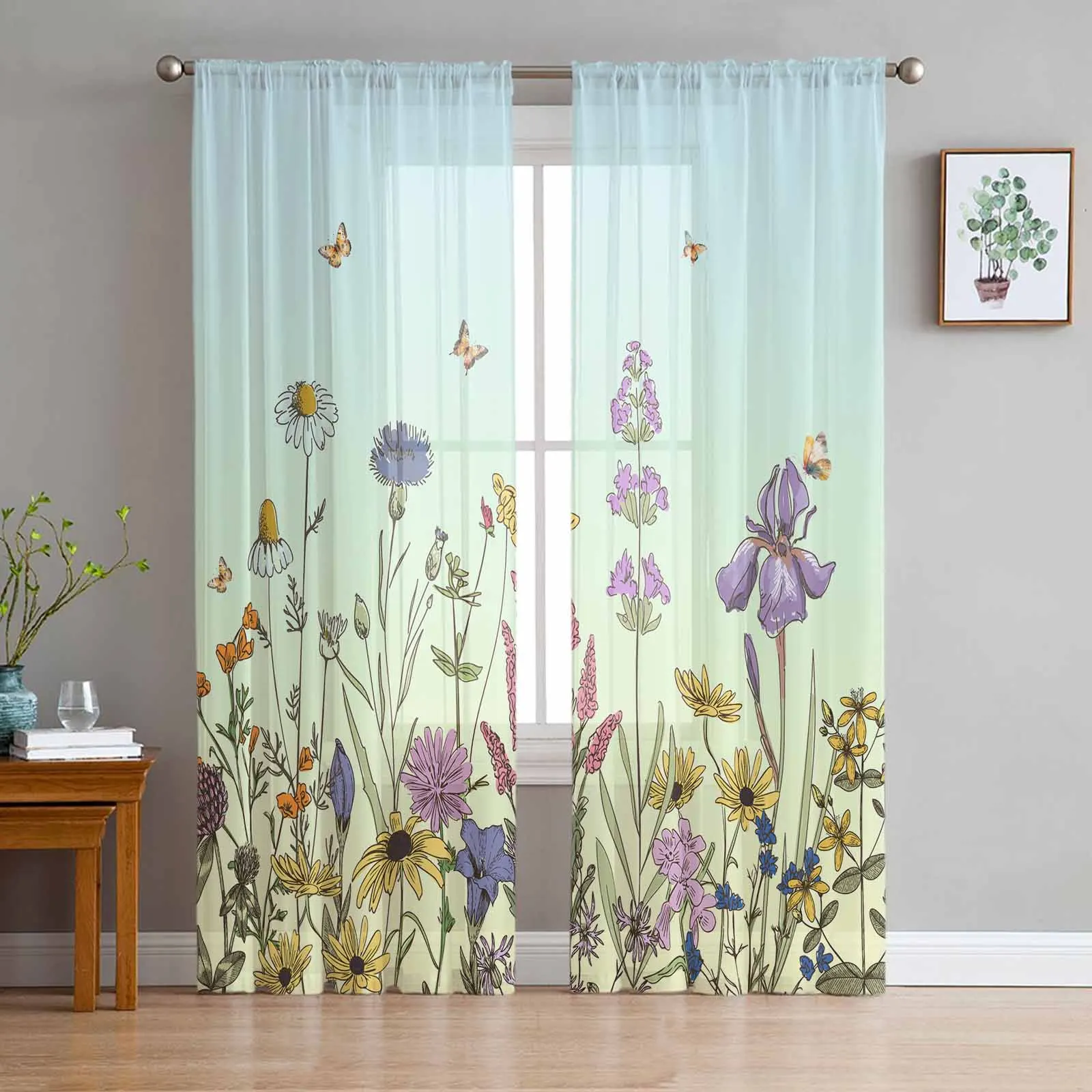 

Flowers Leaves Butterflies Sheer Curtains for Living Room Modern Home Decor Tulle Curtain Bedroom Voile Drapes