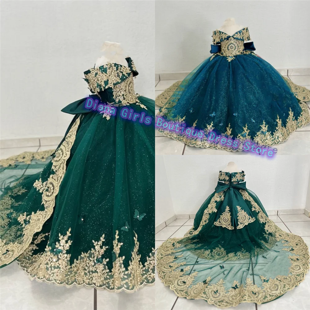 Gorgeous Green Flower Girls Dress Wedding Dresses Off The Shoulder Gold Appliques Kids Birthday Party Dresses Evening Gowns