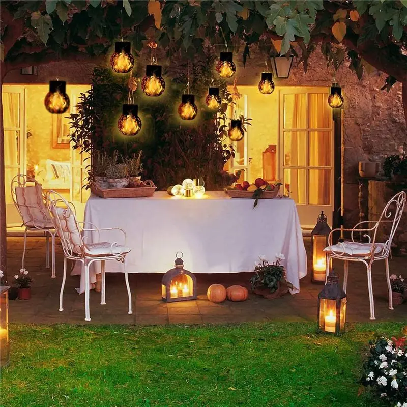 AC88-4PCS LED Outdoor Flame Effect Hanging Lantern Waterproof Garden Decoration Lamp Solar Fairy Light For Patio Garden Yard Dur