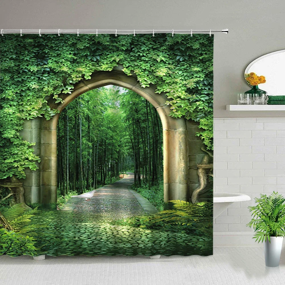 Dream Arch Door Forest Scenery Shower Curtains Ocean Beach Green Leaf Lavender Hot Air Balloon Wolf Bathroom Screen Bath Curtain