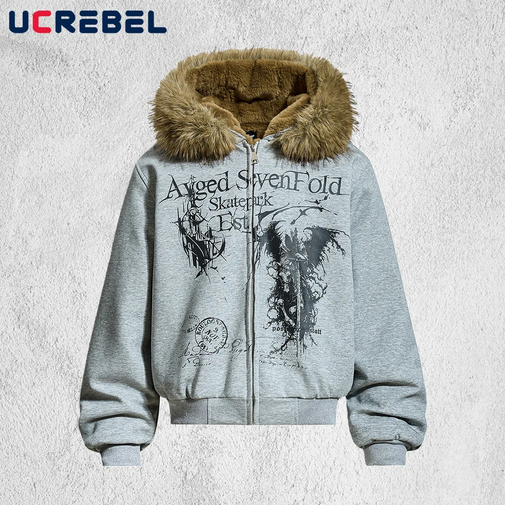 

Стеганая куртка с принтом Grim Reaper, мужская зимняя уличная одежда Y2k, толстая верхняя одежда с длинными рукавами и меховым воротником с капюшоном Ma