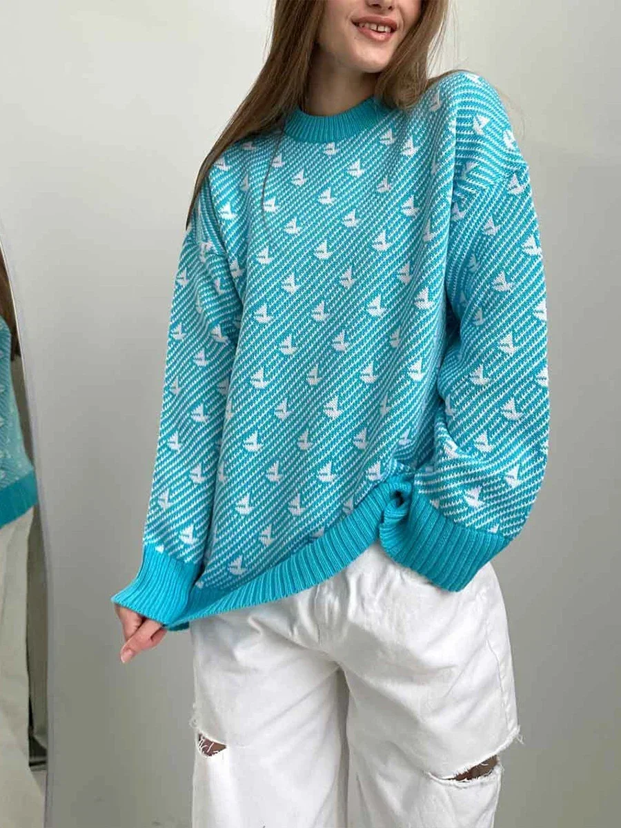 Bornladies Chic Print Knitted Pullover Fashion Women\'s Casual Loose Female Top Autumn Winter Thick Warm Oversized Sweater