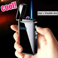 Metal Outdoor Windproof Dual Arc Plasma USB Lighter Blue Flame Turbo Torch Butane Gas Cigar Lighter Battery Display Men's Gadget