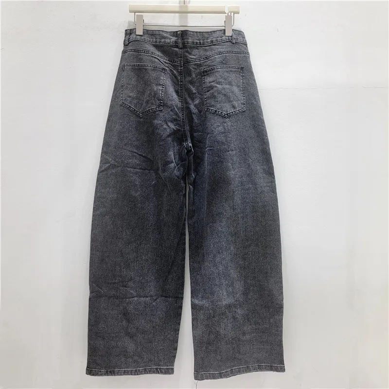 ANJY Spring Autumn New Women American Style Retro Metal Buckles Design Jeans Washed Chic High Street Wide-leg Denim Pants A25195