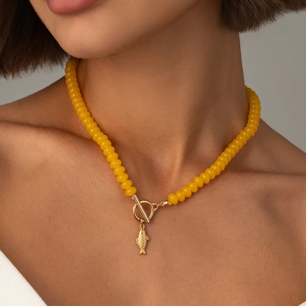 Ingemark Bohemian Resin Acrylic Bead Chain Choker Necklace for Women Ocean Style Fish Pendant Clavicle Chain Summer Neck Jewelry