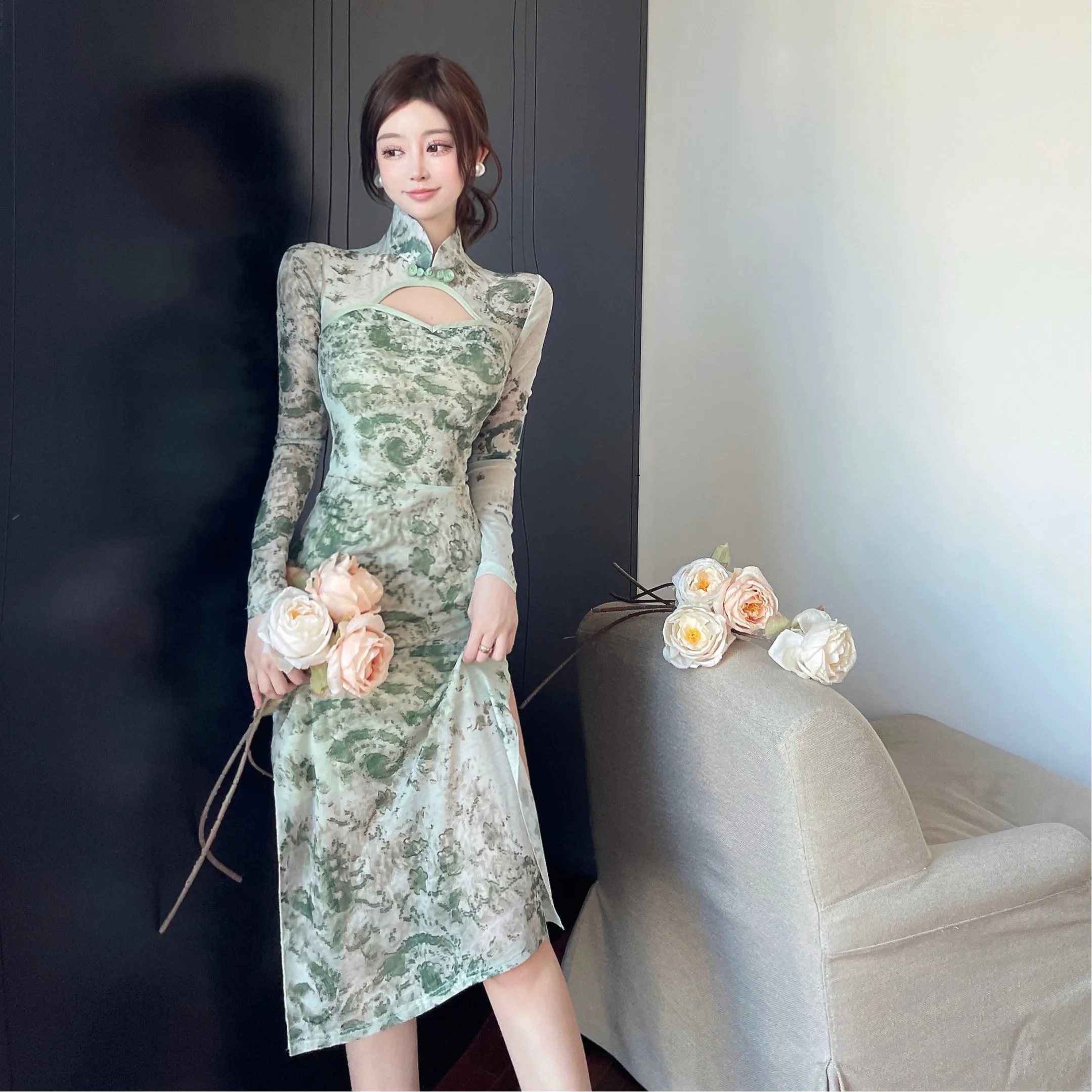 Nowa Chińska Sukienka Qipao w Stylu Retro z Długim Rozcięciem, Wycięciami, Wyszczuplająca, z Wysokim Stanem, Długa Spódnica, Jesienna Moda