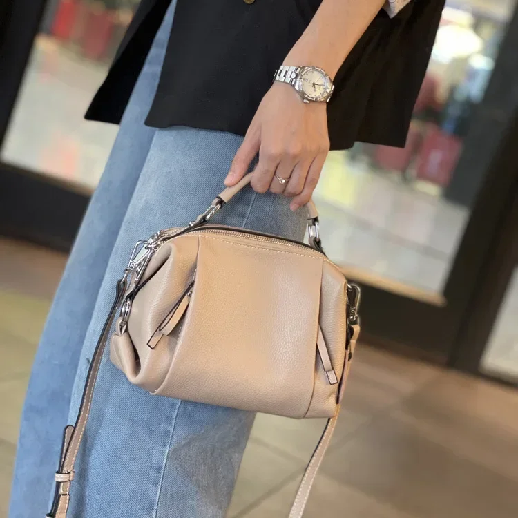 Cow Skin Leather Women\'s Casual Handbag High Quality Soft Leather Ladies\' Crossbody Ruched Shoulder Bag Fashion Versatile Tote