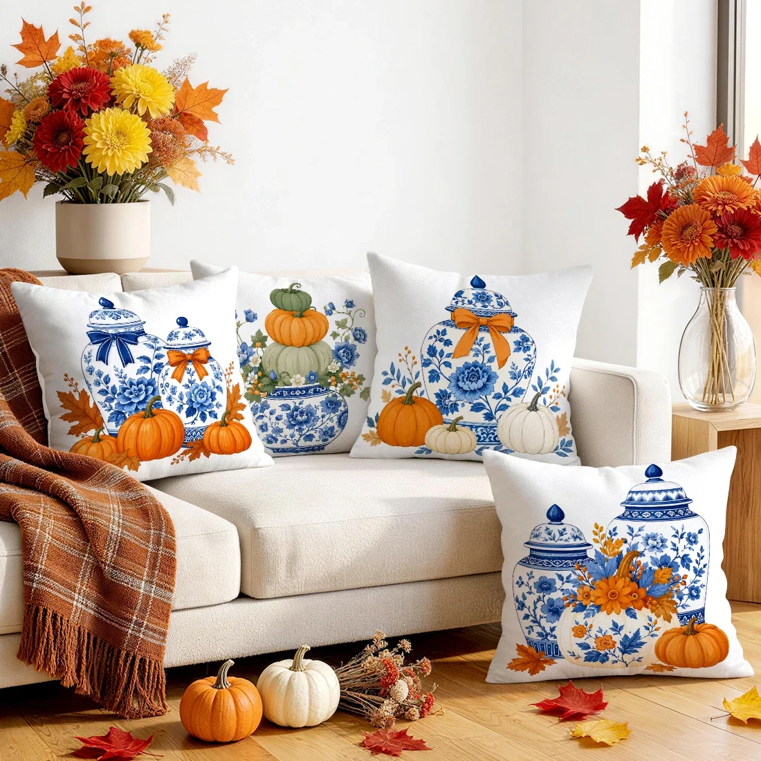 1pcs/4pcs Autumn Porcelain Pumpkin Cushions Pillowcase Polyester Cushion Cover Throw Pillow Pillowcover Home Car Sofa Decor
