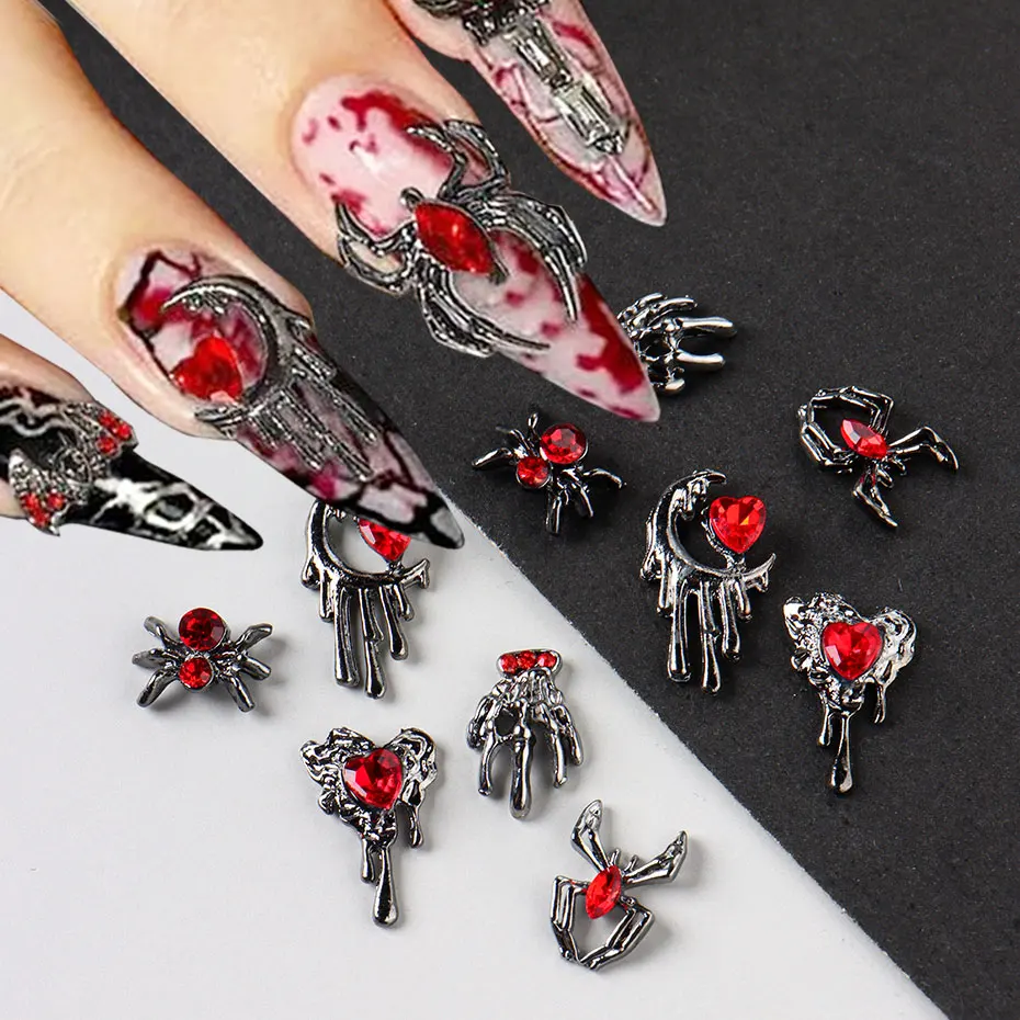 Retro Punk Halloween Alloy Nail Decor Charms Red Heart Rhinestones Spider Skull Nail Parts Dark Romantic Chrome Nail Accessories