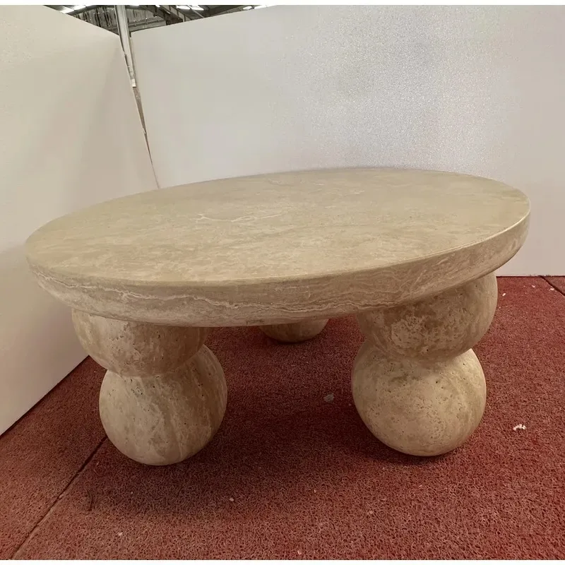 Luxury Beige Limestone Coffee Table Oval Top Round Spherical Legs Natural Stone Center Table for Villa Living Room Decoration