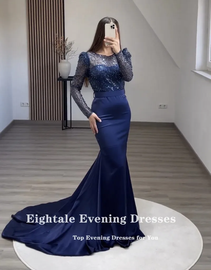 Eightale Sparkly Navy Blue Prom Dresses for Wedding Party O-Neck Long Sleeve Evening Gowns Glitter Top Arabic Customized Dress