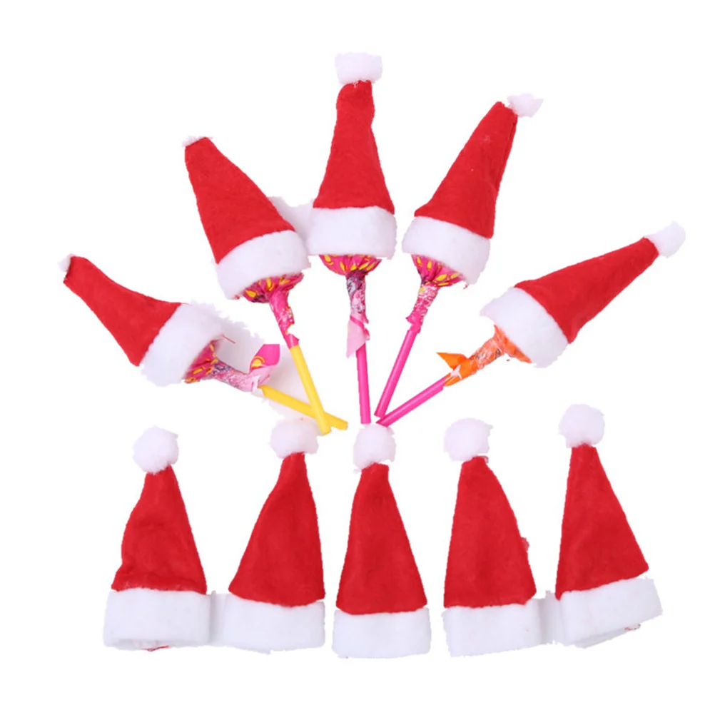 

10Pcs Christmas Mini Santa Hats Non-Woven Fabric Lollipop Covers Party Decor Holiday Table Ornaments Christmas Tree Supplies