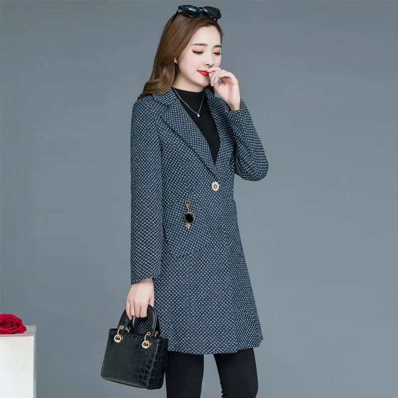 2023New Autumn Winter Woolen Coat Female Fashion Loose Mid Long Suit Collar Single Breasted Jacket Women Casual Slim Ladies Tops