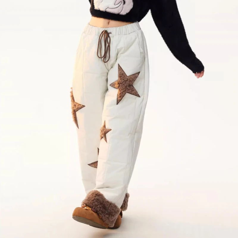 الأمريكية الرجعية رقيق الربط ستار التطريز المرأة سراويل قطنية 2025 شتاء جديد عالية الخصر عادية مستقيم بنطلون السيدات
