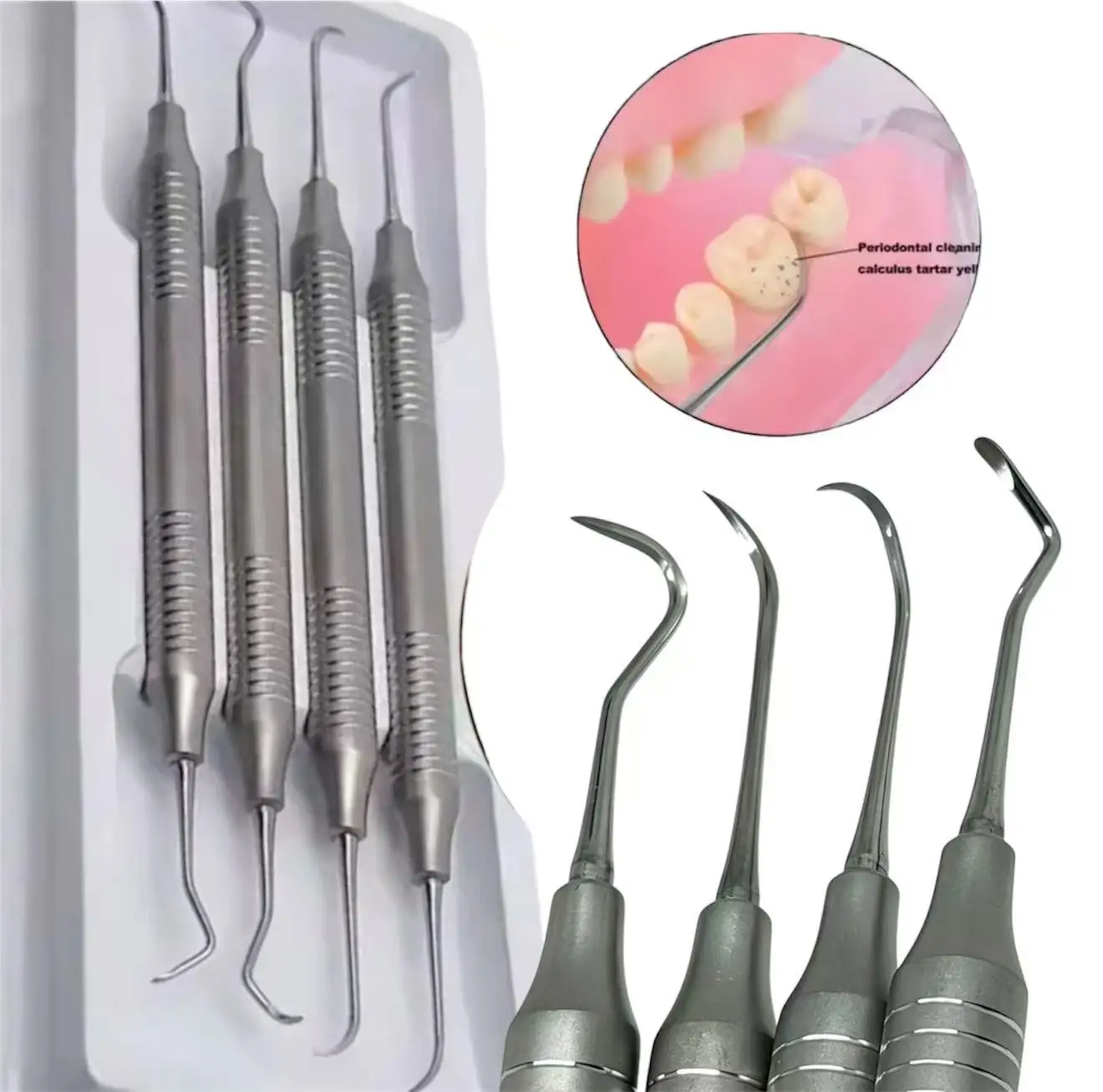 4pcs Dental Sickle scaler, Curette, or explorer/probe kit Double Ended for Teeth Cleaning and Diagnosis Professional Dental Tool