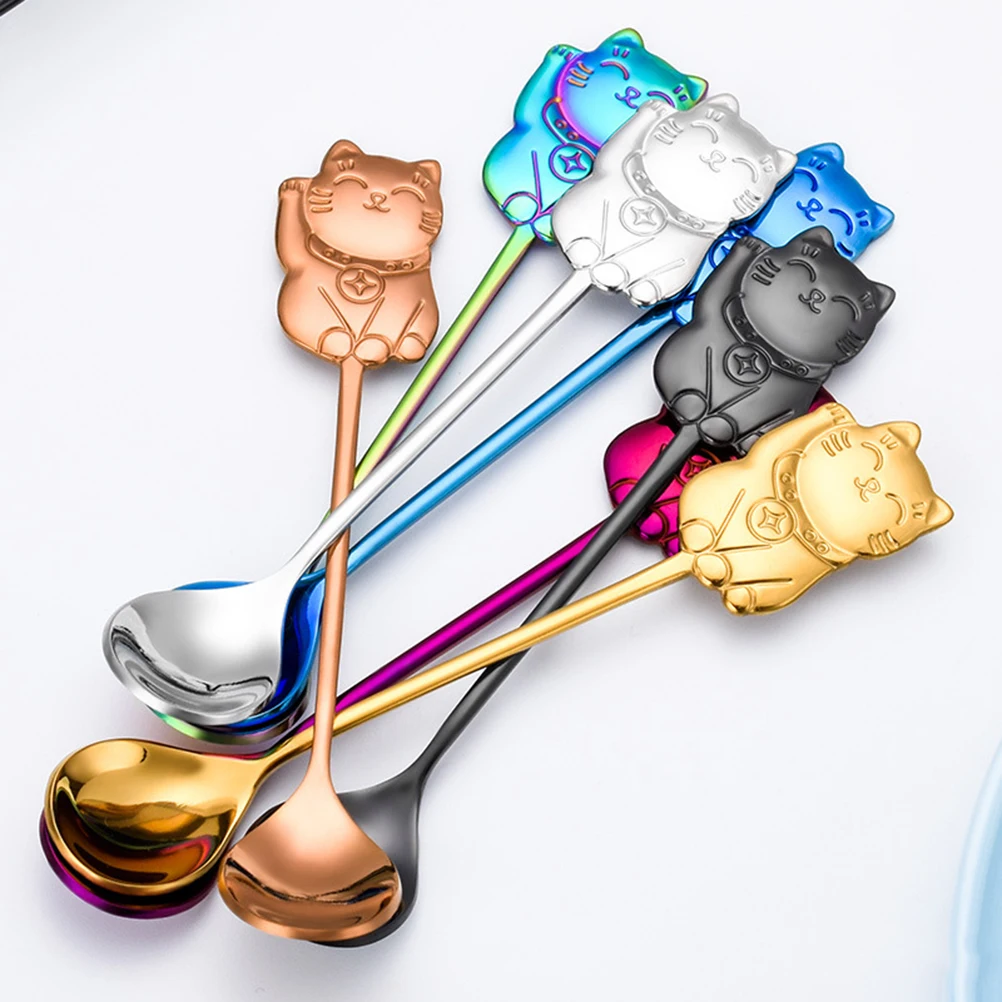 

304 Stainless Steel Luck Cat Coffee Stirring Spoon Cartoon Dessert Spoon for Eating Dinner Kitchen (Silver)