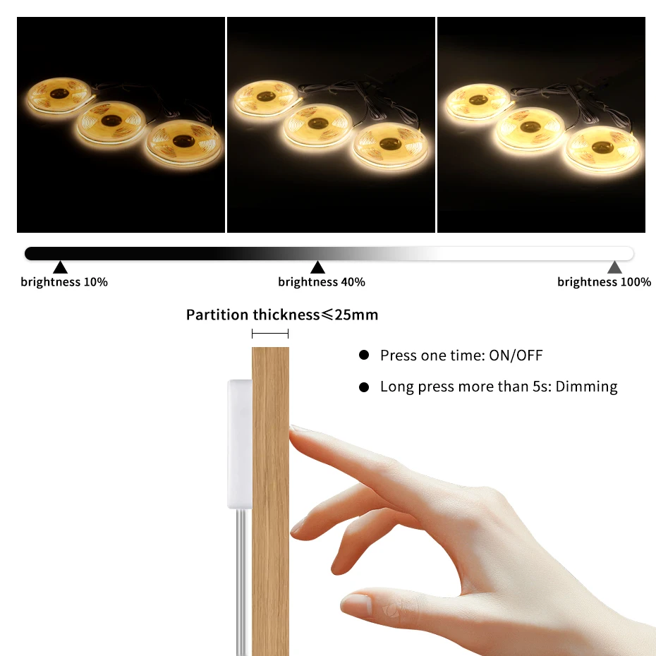 Under Cabinet COB LED Strip Light DC24V Penetrable Wood Touch Sensor Switch Led Closet Lamp Tape 320LEDs/m Wardrobe Lighting