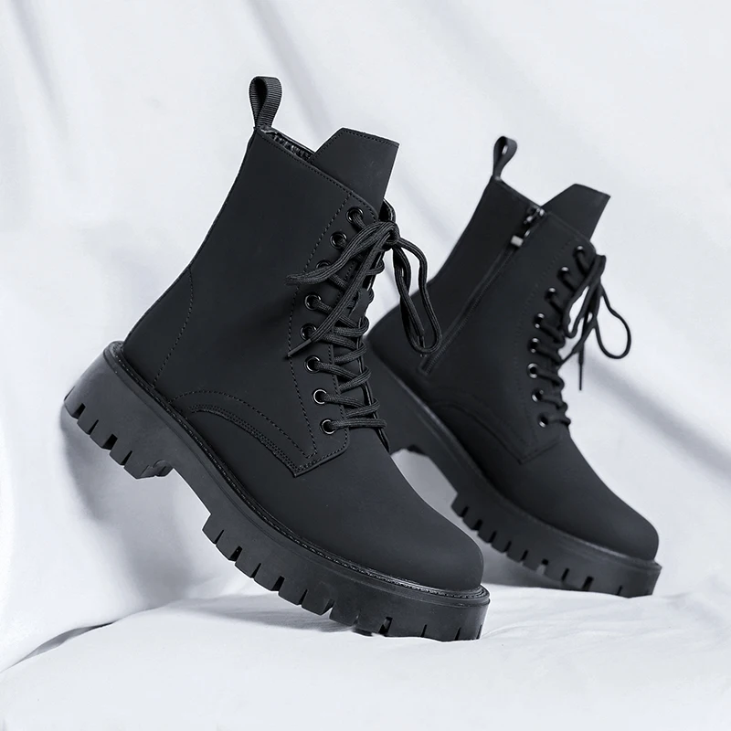 

Men High Top Boots Autumn Winter Frosted Height Increasing Side Zipper Anti Slip Thick Soled Motorcycle Boots,