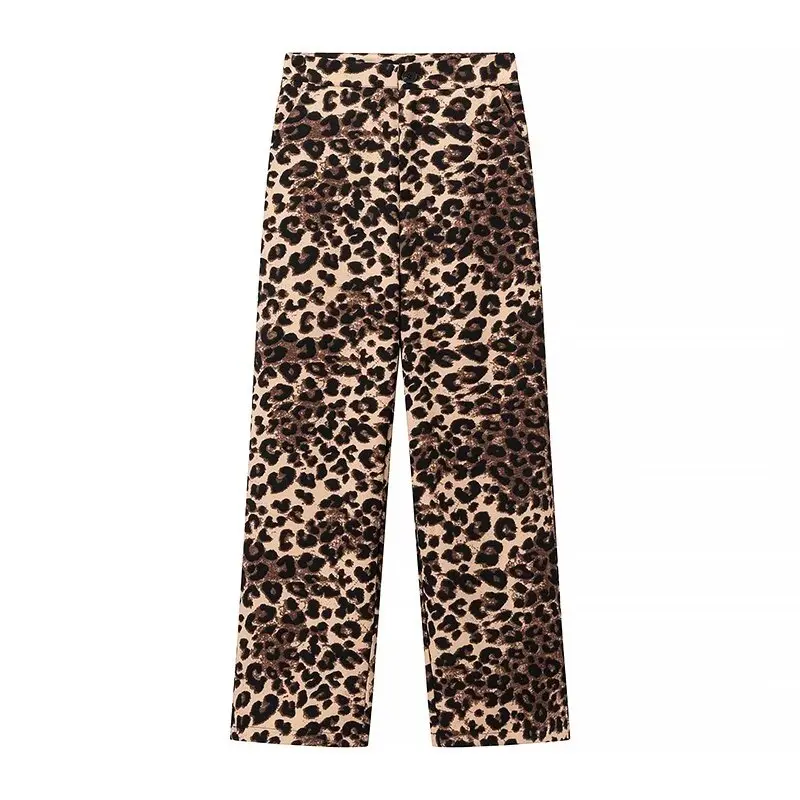 Women's Leopard Print Twill Trousers Straight-Leg Pants With Elastic Waist Tops Of The Same Color Can Be Combined Into A Suit