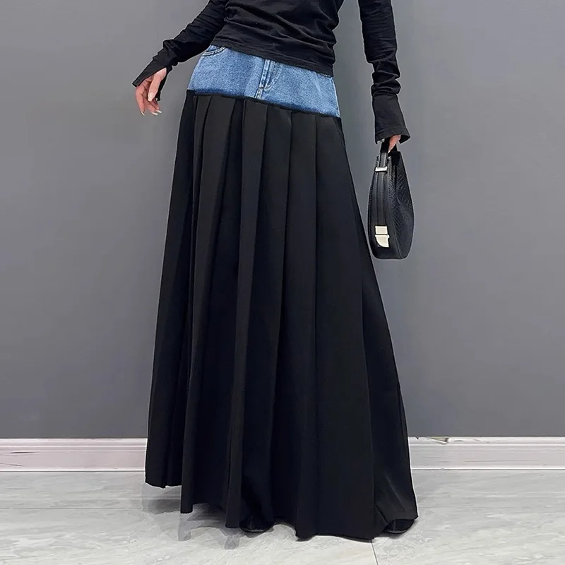 Summer New Women Skirt Korean Color Block Pleated High Waist A-Line Umbrella Skirt Casual Loose