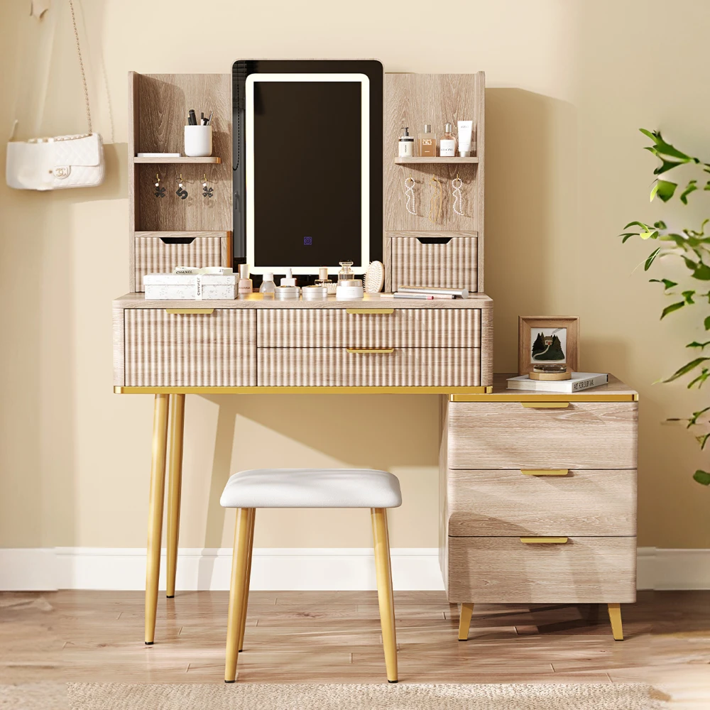 Orraves 7-Drawer Vanity Desk with LED Mirror & Carved Details, Fluted Makeup Table with Metal Legs and PU Stool, Carved Dressing Table with Jewelry Storage for Bedroom