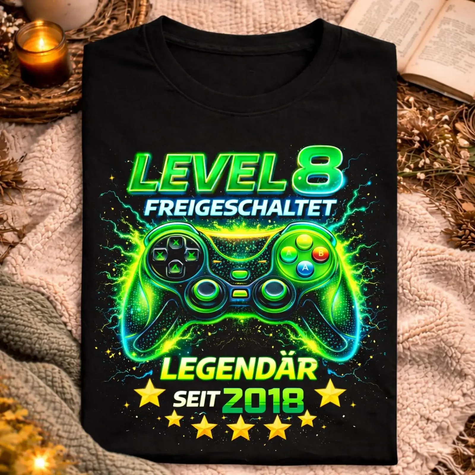 Level 8 Unlocked Gamer T Shirt Kids 8th Birthday Legendary Since 2018 Gaming Controller Boys vintage Washed Casual Comfortable