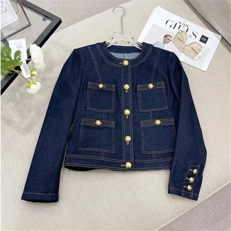 2024 Spring Autumn Vintage Style Casual Blue Elegant Denim Jacket Women\'s Fashion Luxury Style Single Breatsed Simple Jean Coat