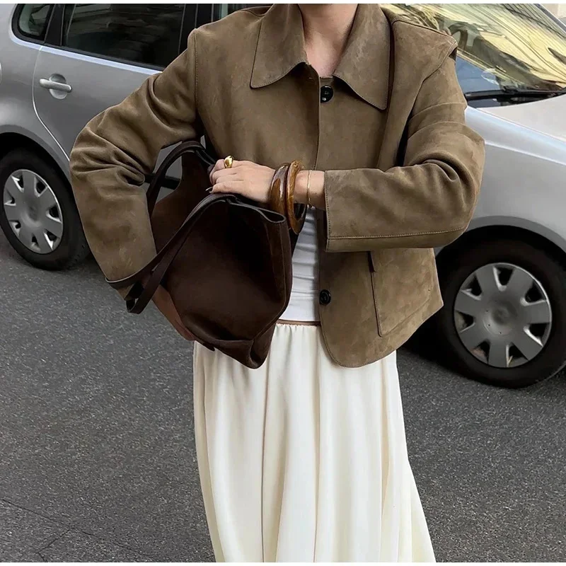 Retro Suede Solid Jackets Women Elegant Single Breasted Lapel Brown Short Coats 2024 Autumn Winter Fashion Soft Pocket Outwears