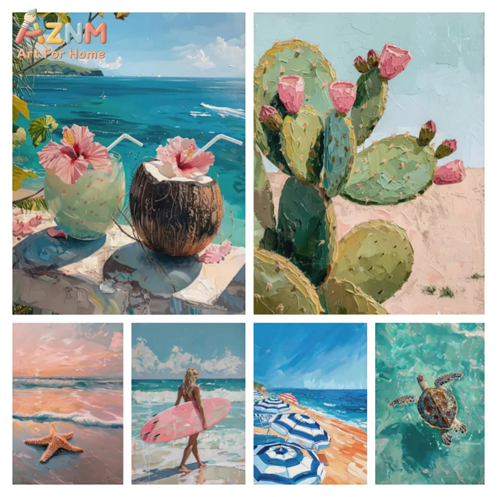 AZNM Unframed Canvas Print Tropical Beach Oil Painting Wall Art Summer Ocean Cactus Turtle Home Decor Poster