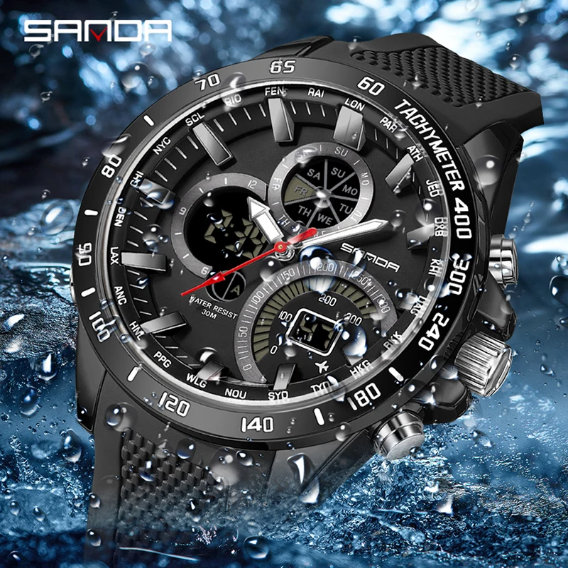 SANDA Men Expensive Hot Selling Military  Electronic Quartz Watch Full Steel  Core Black Technology Multi Functional Waterproof