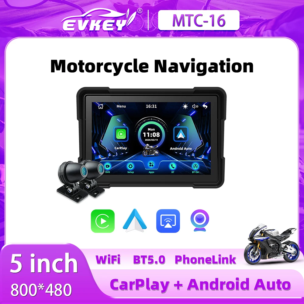 EVKEY Navigation Motorcycle 5 inch Wireless Carplay Display Screen Motorcycle Accessories Wireless Android Auto Monitor